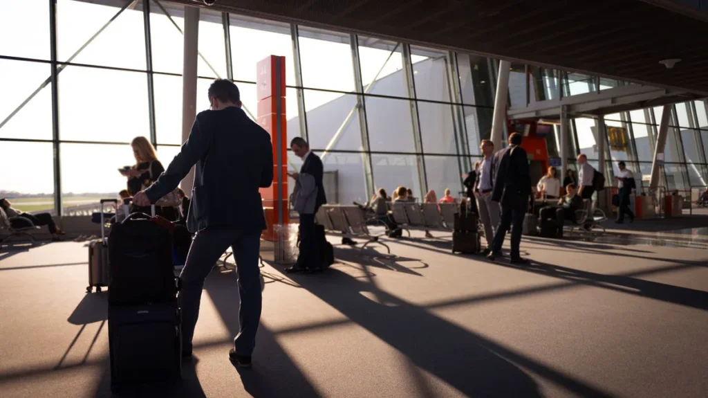 Travelers with luggage walking through an airport terminal